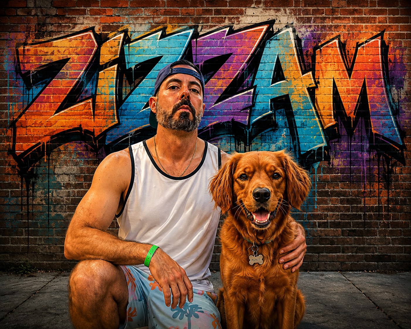 Zizzam graffiti mural on a brick wall, with a man and his golden retriever Klaus in front of it
